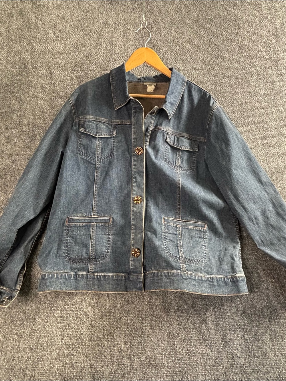 J JILL Denim Jean Jacket Sz XL Dark Blue Wash Cotton Flower Buttons